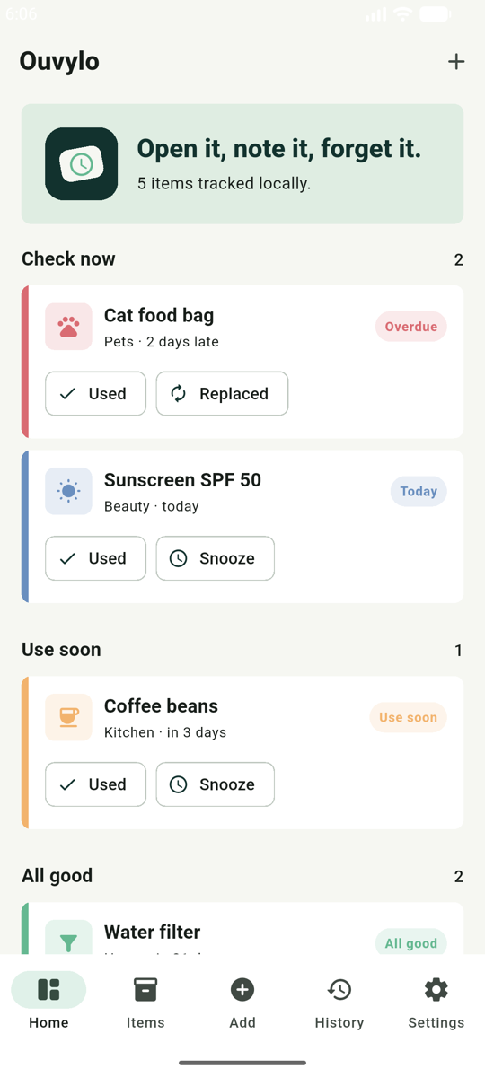 Ouvylo mobile dashboard showing reminders to check now, use soon, and all good.